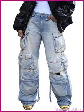 High Waisted Baggy Cargo Jeans Wide Leg Denim Pants Y2K Streetwear